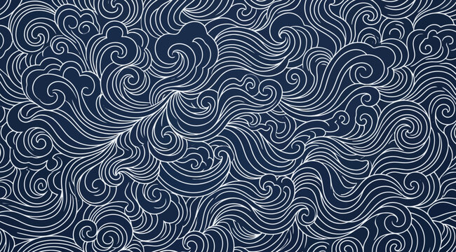 Seamless pattern with stylized ocean waves in japanese style, traditional indigo blue and white line art