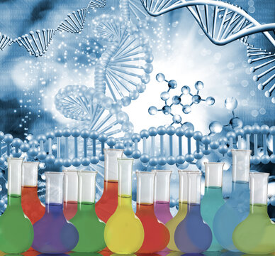 Colorful liquids are in glass flasks lined up in a laboratory setting. A DNA structure and molecular patterns appear in the background, highlighting scientific research.