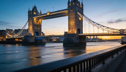 Fototapeta premium Glowing Tower Bridge spanning River Thames at dusk, upper walkway and suspension cables reflecting