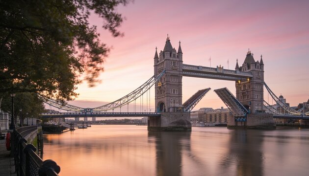 Framing Tower Bridge spanning River Thames at sunset, showing raised bascule leaves and lifebuoy