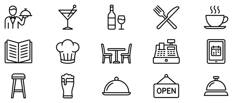 Restaurant and cafe icons set. Food service and dining concept. Includes waiter, cocktail, wine, cutlery, coffee, menu, chef hat, table, cash register, tablet, stool, beer, cloche, open
