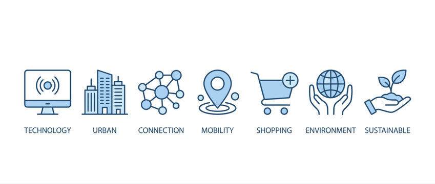 Set of thin line icons for smart city, technology, urban development, and sustainable environment