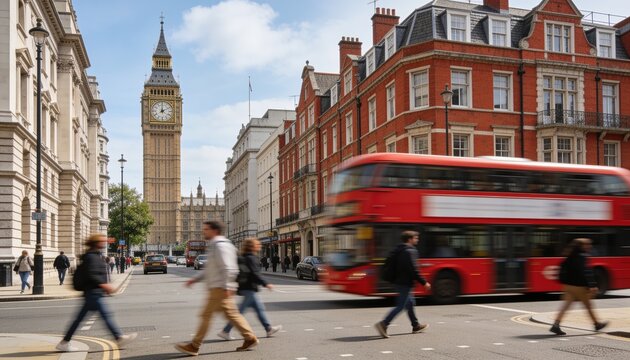 Crossing commuters moving across crosswalk in central London near Elizabeth Tower, with red bus