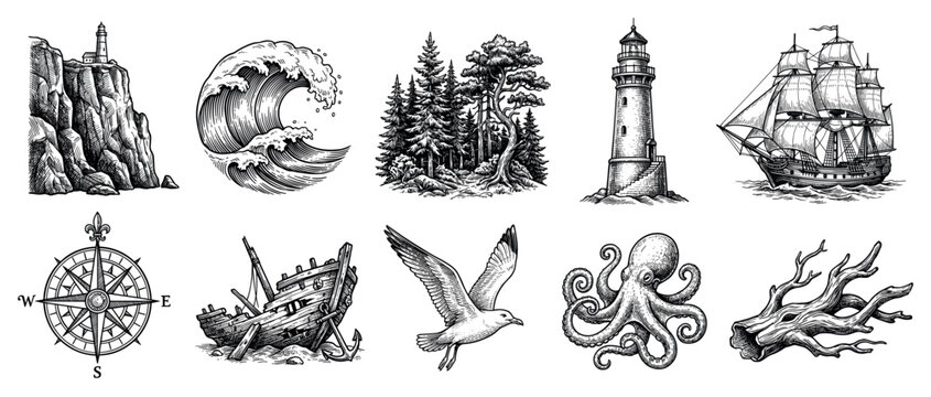 Nautical and marine icons set. Ocean adventure and exploration concept. Includes lighthouse on cliff, ocean wave, pine forest, sailing ship, compass, shipwreck, seagull, octopus, driftwood
