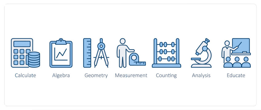 Set of education and mathematics icons including calculator, geometry tools, and classroom teaching