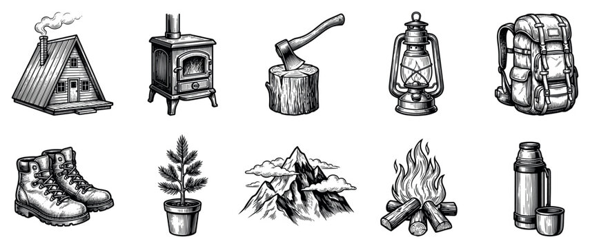 Camping and hiking icons set. Outdoor adventure and wilderness concept. Includes cabin, wood stove, axe, lantern, backpack, boots, pine tree, mountains, campfire, thermos. Hand-drawn doodle