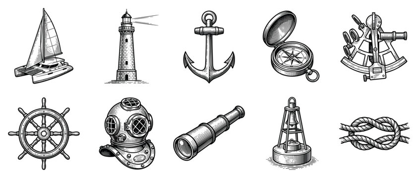 Nautical and marine icons set. Sea travel and navigation concept. Includes catamaran, lighthouse, anchor, compass, sextant, ship wheel, diving helmet, spyglass, buoy, rope knot. Engraved