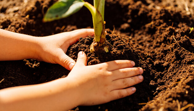 Pressing child's bare hands securing seedling base in backyard garden, with dark soil and sunlight