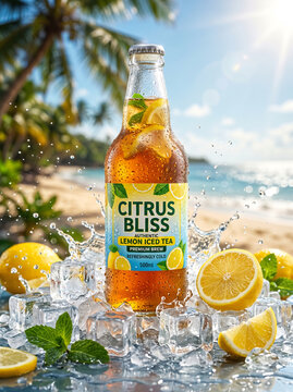 Iced Tea Bottle Splashing with Lemon and Ice on Tropical Beach