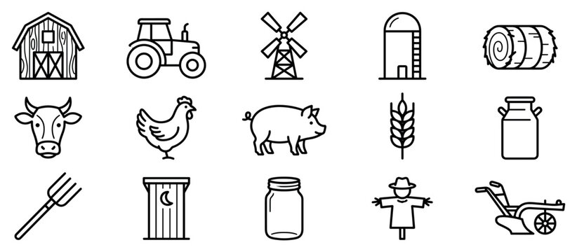 Farm and agriculture icons set. Rural life and farming concept. Includes barn, tractor, windmill, silo, hay bale, cow, chicken, pig, wheat, milk can, pitchfork, outhouse, jar, scarecrow,