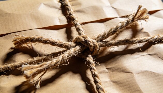 Showing kraft-wrapped parcel with knotted jute twine on tabletop, highlighting creases and shadows