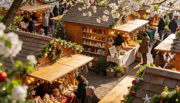 Showing main wooden stall selling ornaments on cobble path beneath blossoms, vendor in dark coat