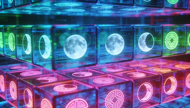 Pulsing glass cube grid displaying lunar discs and ornamental emblems in futuristic room, neon hues