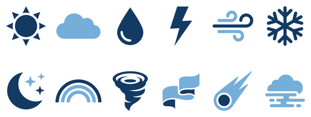 Fototapeta premium Weather icons set. Meteorology and climate forecast concept. Includes sun, cloud, raindrop, lightning, wind, snowflake, moon, rainbow, tornado, comet, fog. Flat and solid style