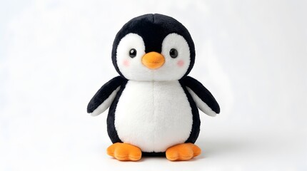 Obraz premium : Cute Plush Penguin Soft Toy Standing on White Background Fluffy Stuffed Animal with Black Head White Eye Patches Orange Beak