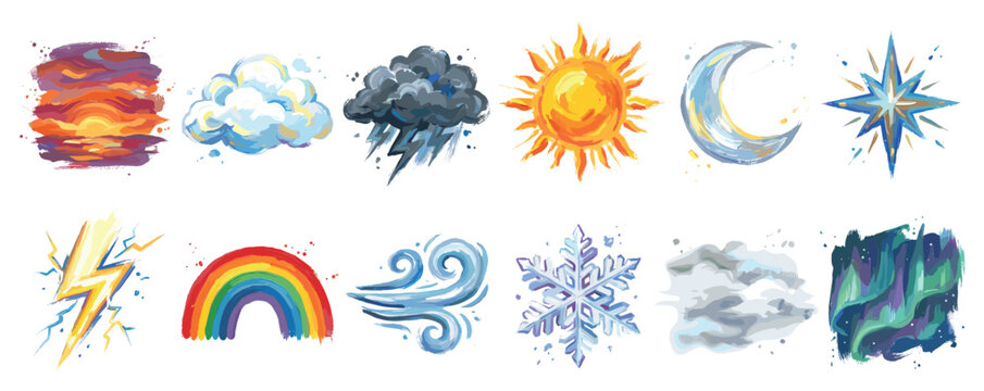 Weather and climate icons set. Natural phenomena and atmospheric conditions concept. Includes sunset, cloud, storm, sun, moon, compass rose, lightning, rainbow, wind, snowflake, fog, aurora