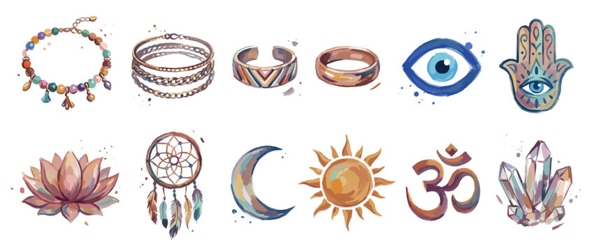 Bohemian style icons set. Spiritual and mystical symbols concept. Includes beaded bracelet, bangles, rings, evil eye, Hamsa hand, lotus flower, dreamcatcher, crescent moon, sun, Om symbol,