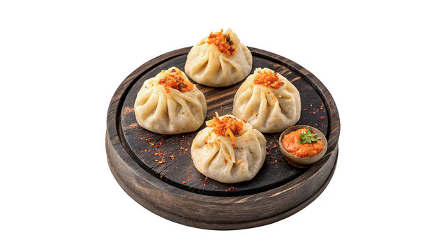 Group of traditional steamed Asian dim sum baozi dumplings isolated on transparent background cut out