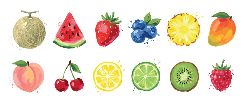Fruit icons set. Healthy eating and fresh produce concept. Includes melon, watermelon, strawberry, blueberry, pineapple, mango, peach, cherry, lemon, lime, kiwi, raspberry. Watercolor style