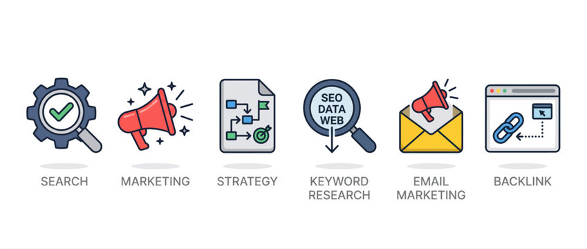 Set of seo and digital marketing icons including search, marketing, strategy, keyword research, email, backlink