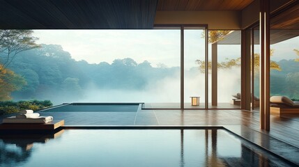 Fototapeta premium Modern Japanese Spa Pool with Panoramic Misty Mountain View