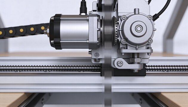 Displaying gantry actuator assembly on bench, showing silver motor, timing belt, drag-chain