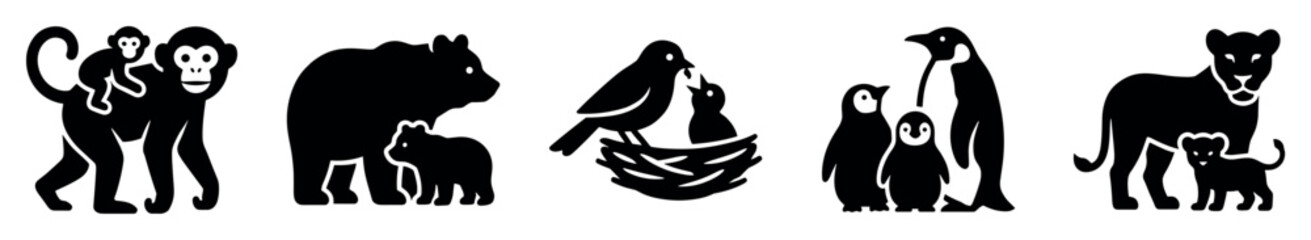 Obraz premium Animal family icons set. Motherhood and parenting concept. Includes monkey with baby, bear with cub, bird feeding chick, penguins with chick, lioness with cub. Solid black silhouette style