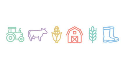 Fototapeta premium Colorful farming agriculture icons representing rural life and harvest elements, including a tractor, cow, corn, barn, wheat, and boots.