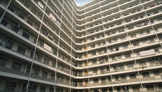 Showing tall apartment facade in courtyard, with balconies, railings, laundry, casual clothes