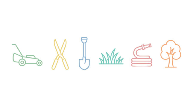 Gardening tools and elements line art icons representing various aspects of yard work, landscaping, and outdoor maintenance in a colorful, minimalist style.