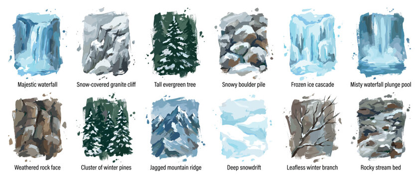 Nature elements icons set. Winter and mountain landscape concept. Includes waterfall, granite cliff, evergreen tree, boulder pile, ice cascade, rock face, pine trees, mountain ridge,