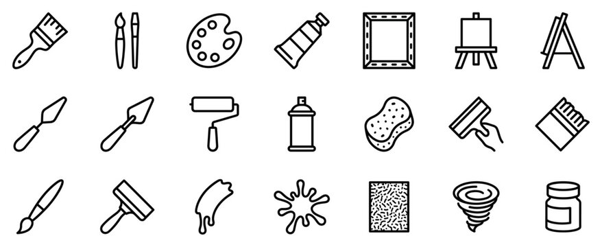 Art and painting tools icons set. Creative hobby and artistic supplies concept. Includes paint brush, palette, paint tube, canvas, easel, palette knife, roller, spray can, sponge, paint