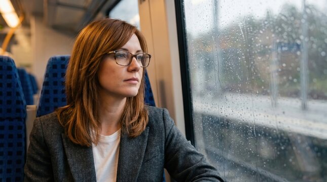 Thoughtful woman with glasses looking out of a rainy train window during her commute.