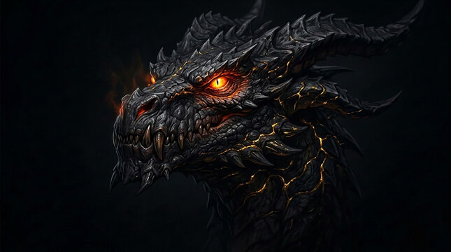 Detailed dark dragon head with glowing orange eyes and molten gold accents, symbolizing power, fantasy, and mythical creature