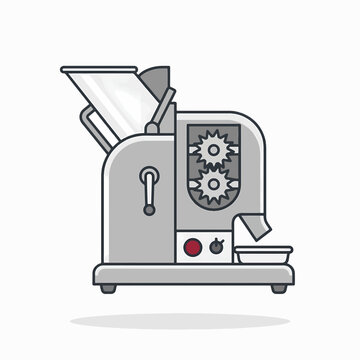 A minimalist vector illustration of an industrial grinding machine with visible internal gears, a top-loading hopper, and a collection tray, designed in a clean grey-toned style.
