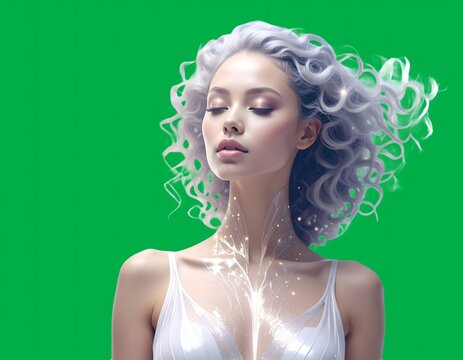 Serene woman with ethereal glowing plant-like structure on neck and curly white hair, symbolizing inner peace