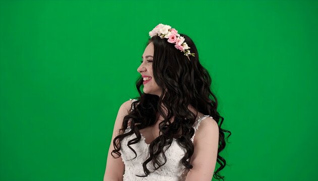 Joyful young woman with long dark curly hair and floral crown smiling against green screen