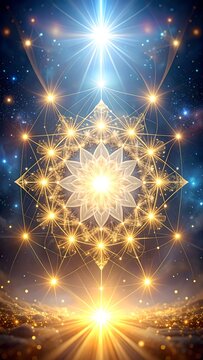 Divine cosmic energy radiating sacred geometry and lotus flower in a starry sky, symbolizing spiritual awakening