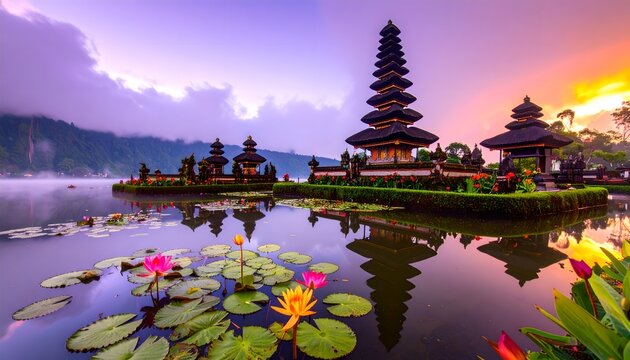 Enchanting Balinese temple on tranquil lake at sunrise, reflecting vibrant sky and water lilies