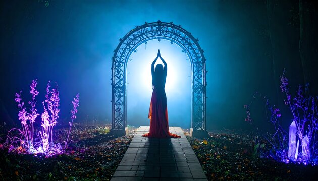Magical silhouette of a woman in a flowing dress under an archway with mystical fog and glowing plants