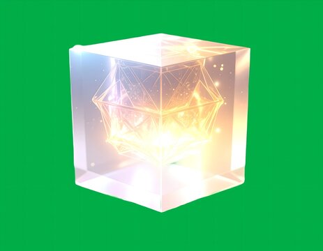 Magical glowing geometric crystal cube on a vibrant green background, evoking wonder and discovery