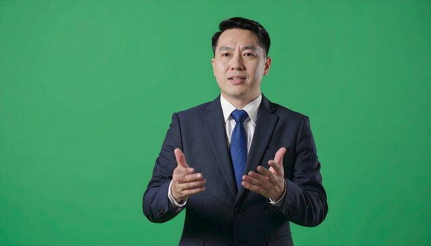 Empowering Asian businessman in navy suit speaking with hand gestures on green screen