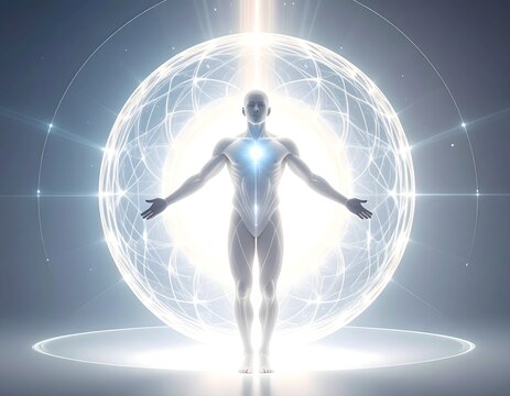 Ethereal human figure surrounded by a glowing energy sphere and sacred geometry