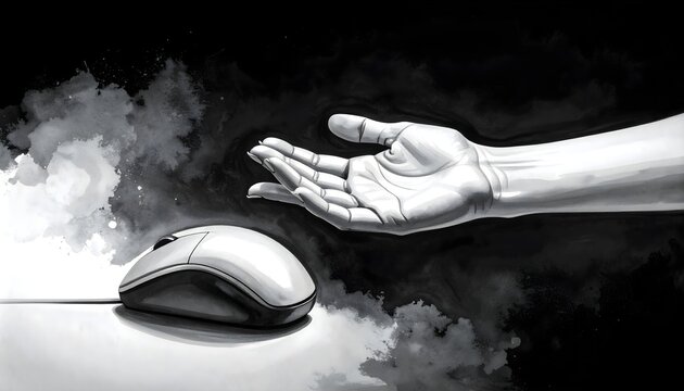 Introspective illustration of a human hand reaching toward a computer mouse on dark background