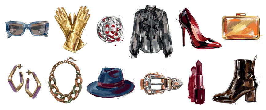 Fashion accessory icons set. Stylish clothing and beauty concept. Includes sunglasses, gloves, button, blouse, high heel shoe, clutch bag, earrings, necklace, hat, belt, lipstick, boot