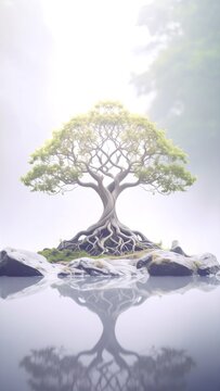Serene tree with exposed roots on a rocky island reflecting in calm water, evoking peace and harmony