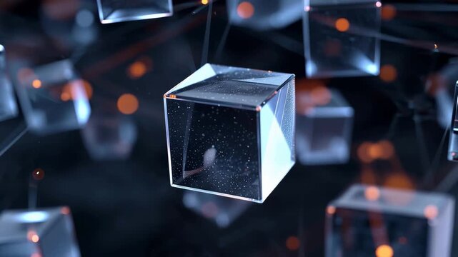 Futuristic blockchain concept showing transparent crystal data blocks rotating in a dark space Video.