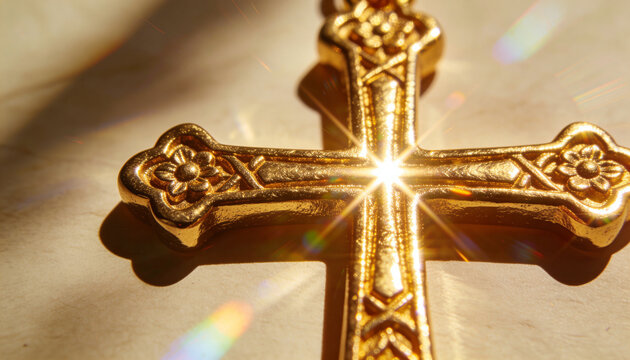 Showing ornate gold cross pendant producing starburst reflection on pale tabletop, with chain loop