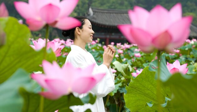 Serene woman in white praying amidst a vibrant pink lotus pond, evoking peace and spiritual connection