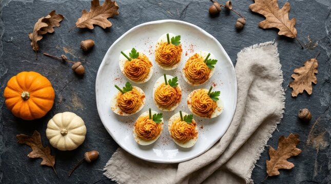 Creative Pumpkin Deviled Eggs decorated with Parsley and Chives for Fall Holidays